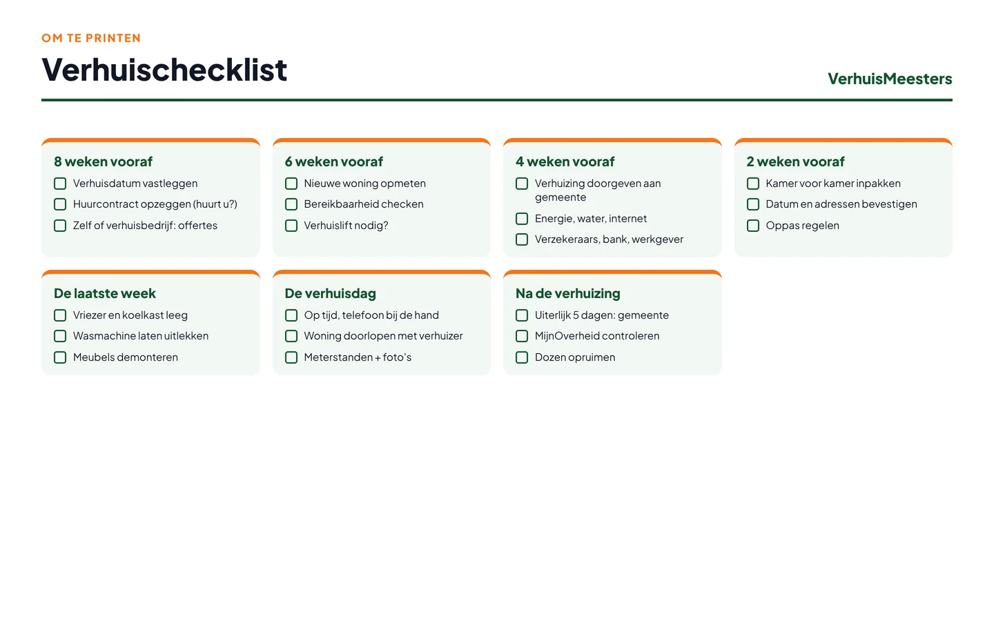 Verhuischecklist om te printen: planning van 8 weken vooraf tot na de verhuizing
