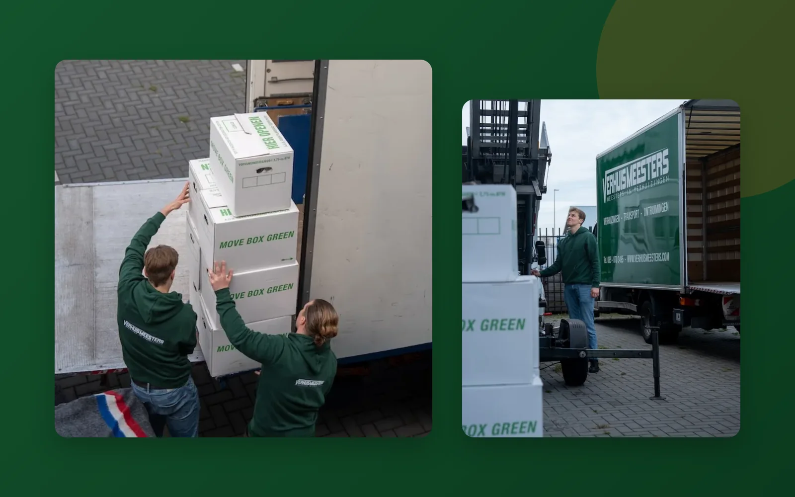 Verhuizers van VerhuisMeesters met verhuisdozen bij de verhuiswagen