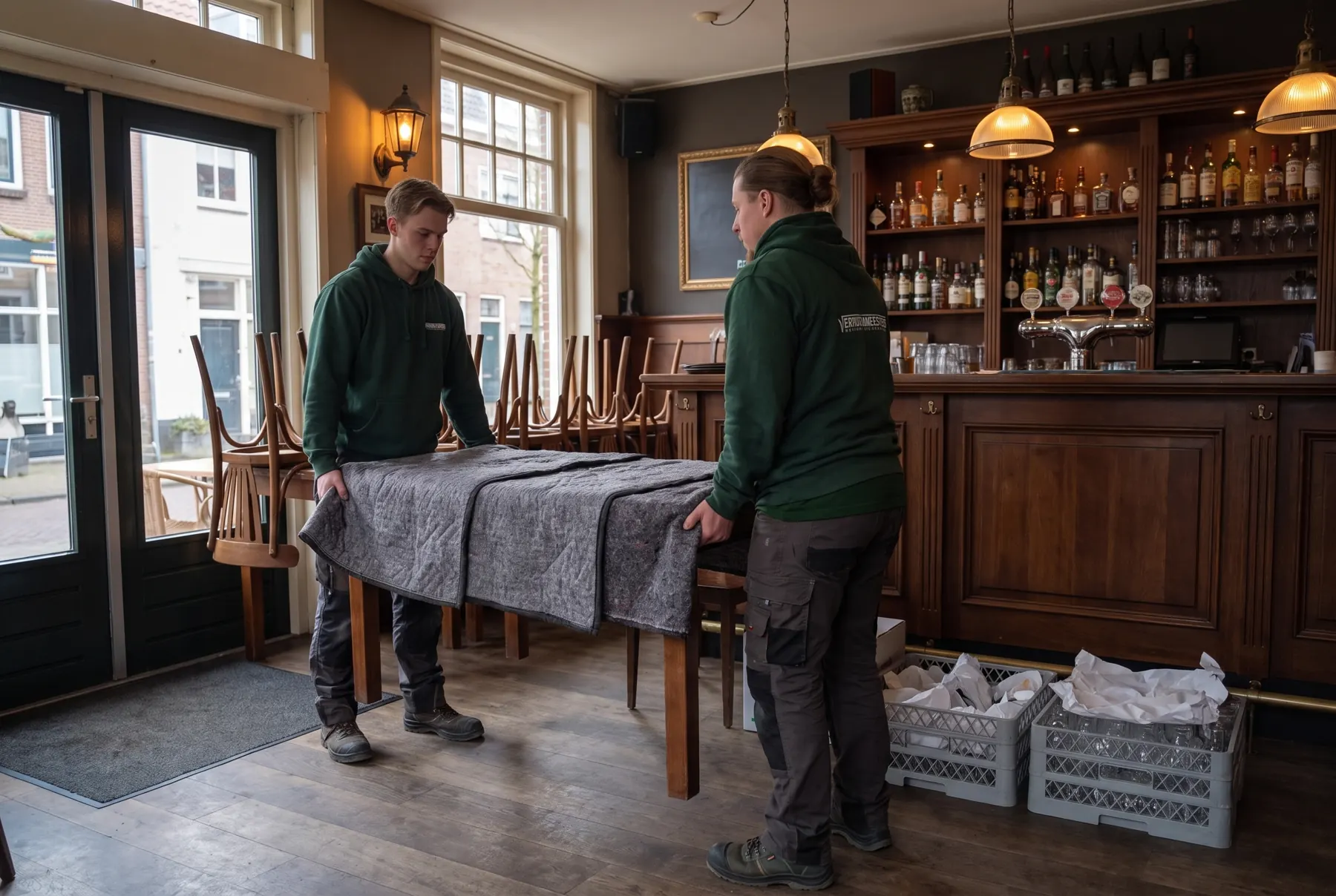 Verhuizers dragen een in dekens verpakte tafel door een café