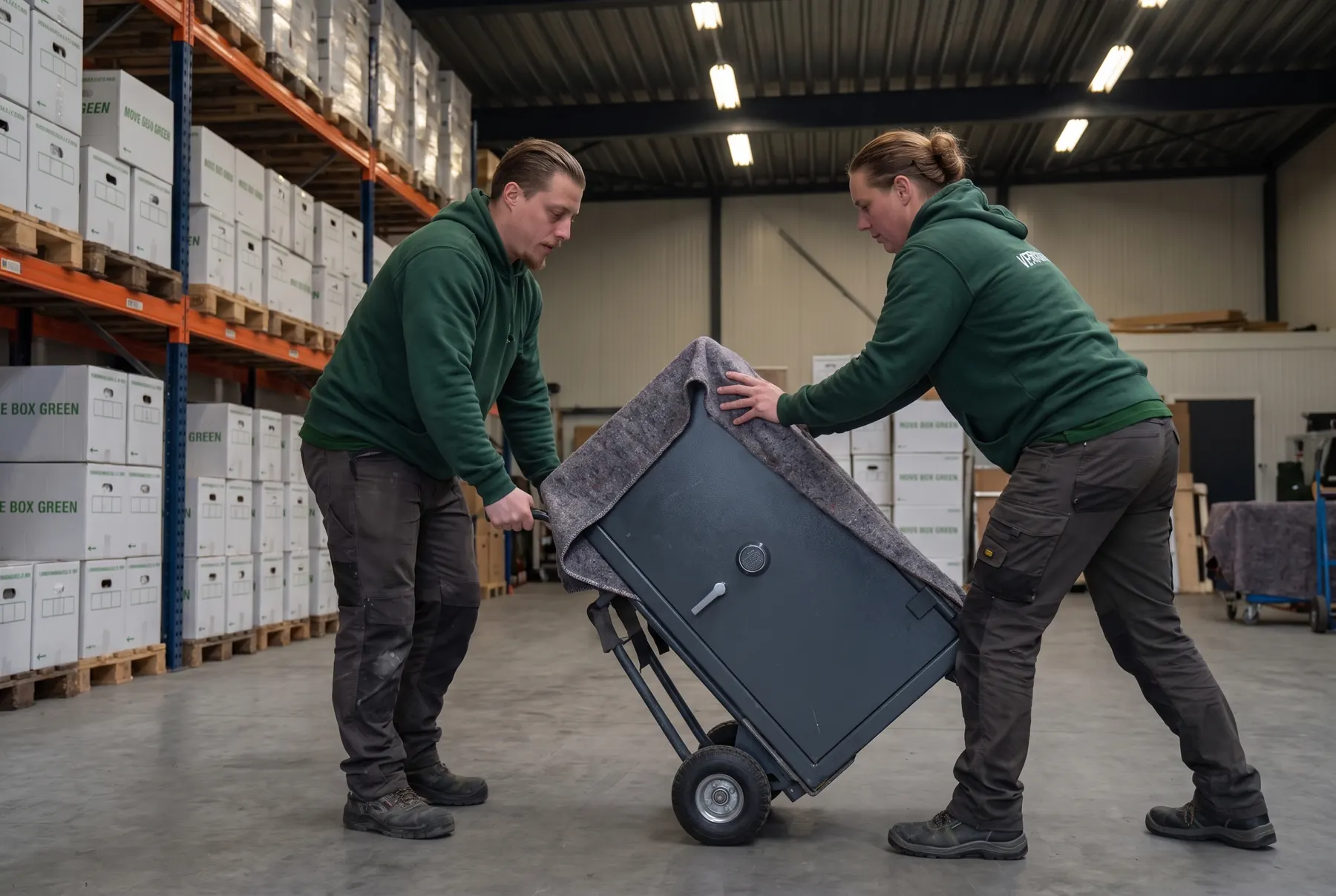 Verhuizers verplaatsen een kluis op een steekwagen in een magazijn