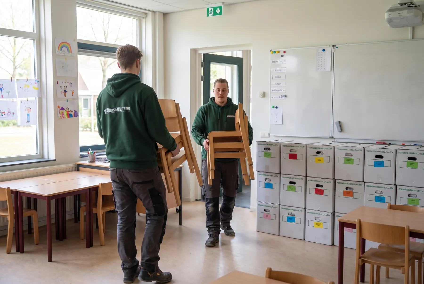 Verhuizers dragen gestapelde kinderstoeltjes uit een leeg klaslokaal