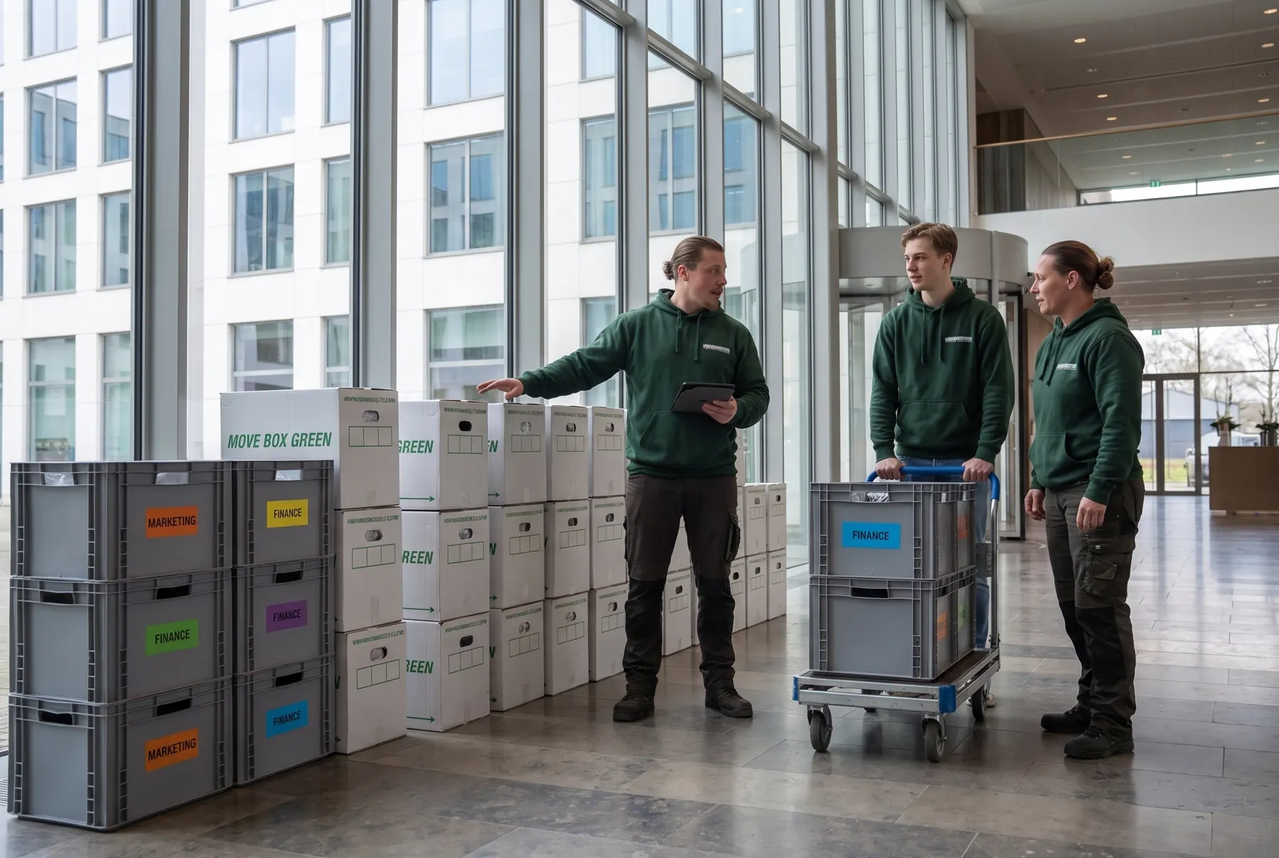 Projectleider en verhuizers overleggen in de hal van een kantoorgebouw tussen gelabelde verhuiskratten