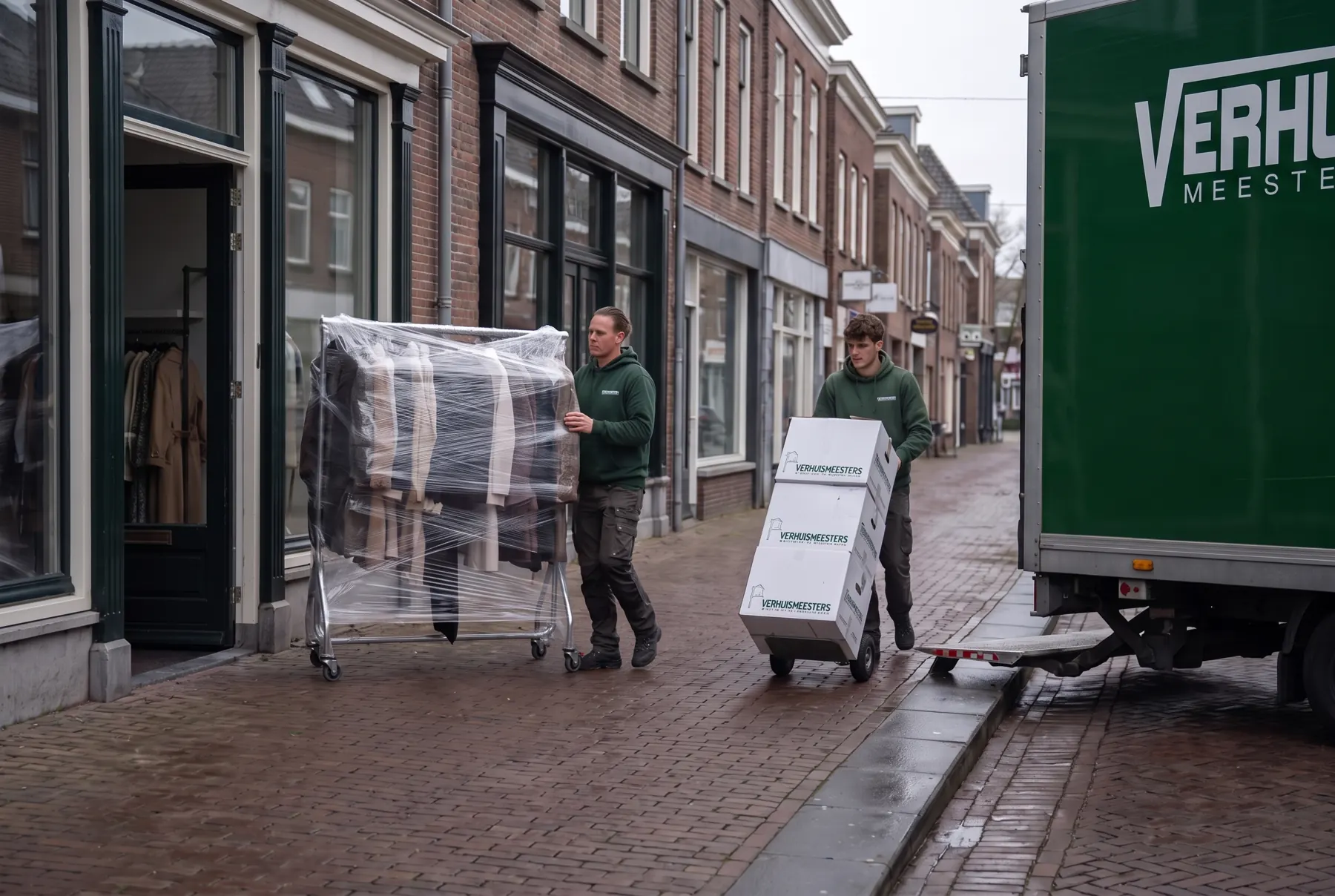 Verhuizers rijden een ingepakt kledingrek en verhuisdozen uit een winkel naar de verhuiswagen