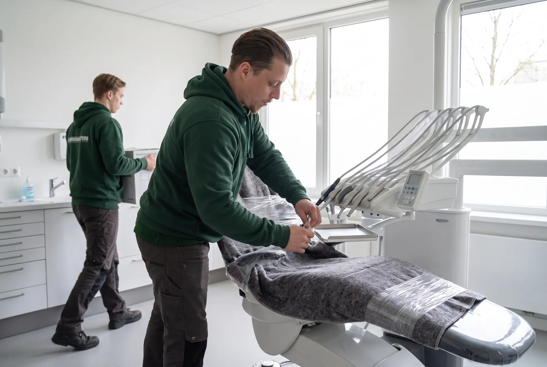 Verhuizer pakt een behandelstoel in een tandartspraktijk in met een verhuisdeken
